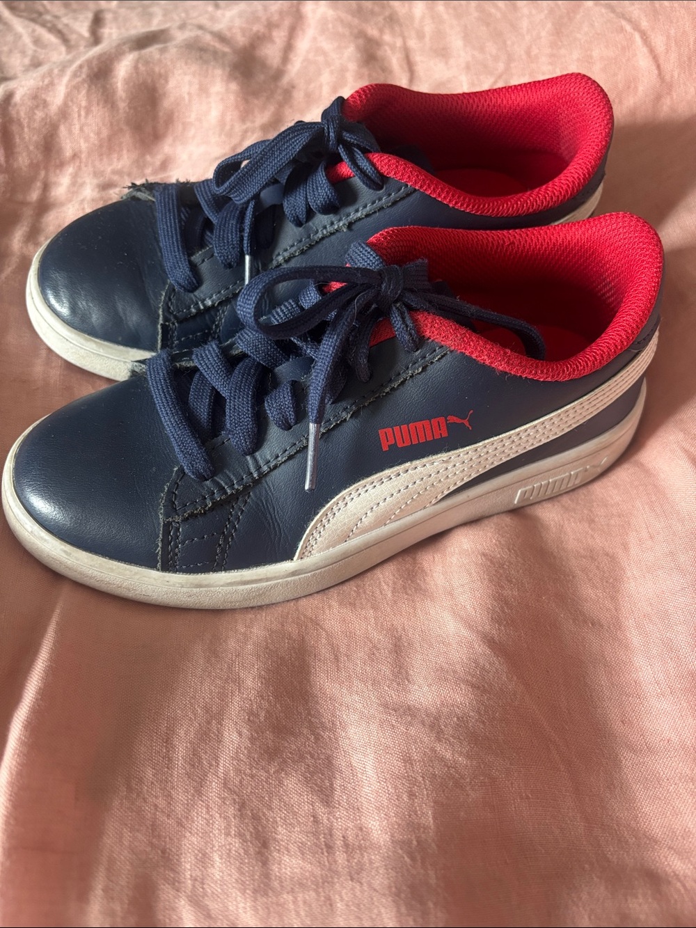 Puma Kids Navy & Red Leather Low-Top Sneakers